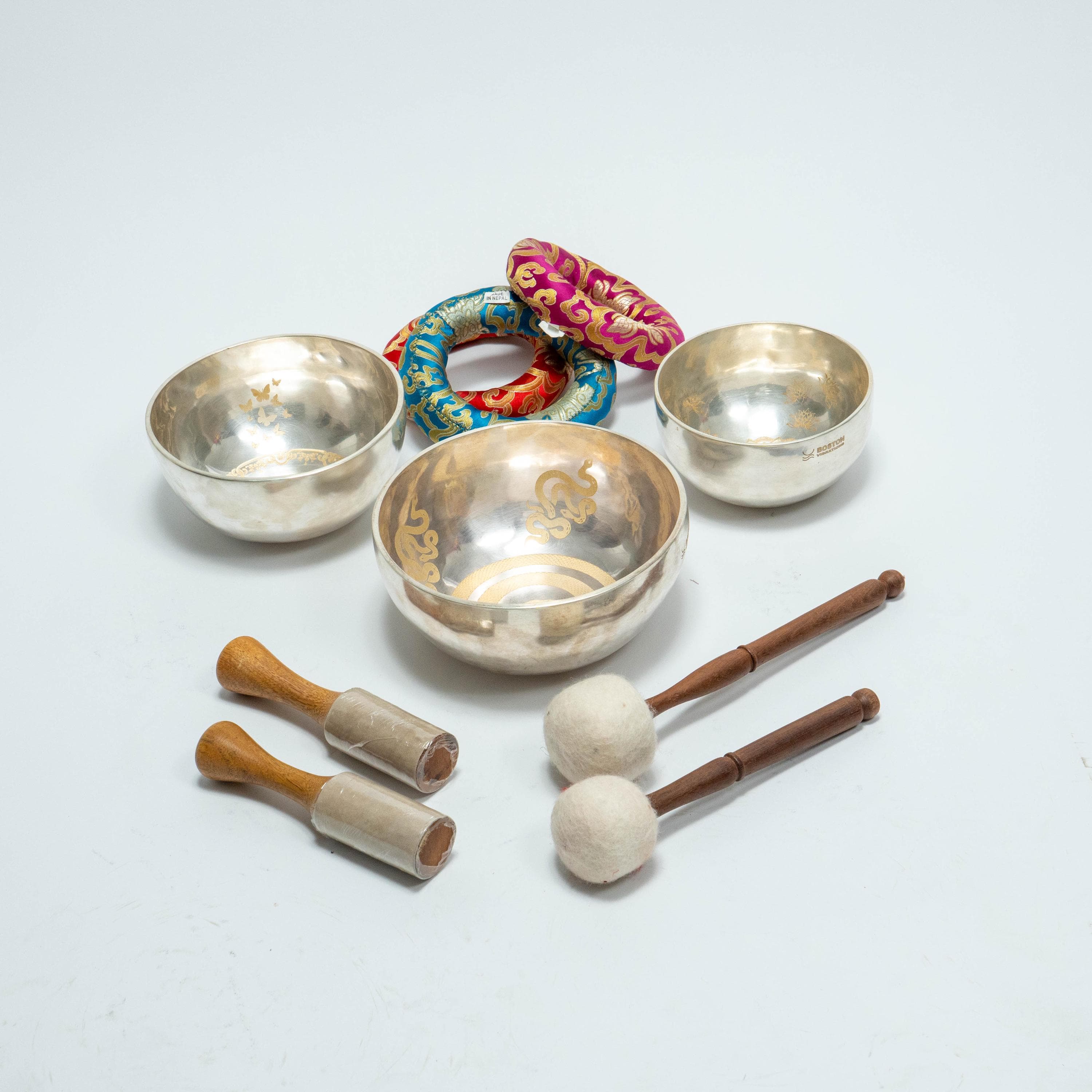 Silver Singing Bowl Set of 3: Kundalini, Lotus, Butterfly Designs